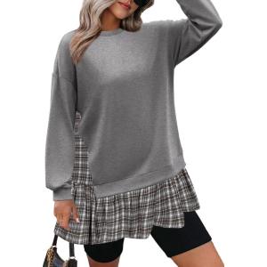 imageZeagoo Womens Sweatshirts Plaid Patchwork Crewneck Preppy Long Sleeve Hoodie 2024 Trendy Teen Girls Flowy Pullover TopLight Grey Plaid