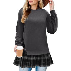 imageZeagoo Womens Sweatshirts Plaid Patchwork Crewneck Preppy Long Sleeve Hoodie 2024 Trendy Teen Girls Flowy Pullover TopPlaid Patchwork Preppy Sweatshirt Dress Grey Flowy Hem Back to School Outfits for Girls Women Round Neck Long Sleeves Pullover Sweatshirt Oversized Casual Pullover Tops Crewneck Plus Essential Hoodies Relaxed Fit Ladies Fall Winter Flare Sweatshirts