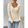 imageZeagoo Fall Sweaters for Women 2024 Casual Long Sleeve Shirts V Neck Pullover Puff Slim Fit TopsBeige