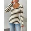 imageZeagoo Fall Sweaters for Women 2024 Casual Long Sleeve Shirts V Neck Pullover Puff Slim Fit TopsBeige Stripes