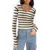 imageZeagoo Fall Sweaters for Women 2024 Casual Long Sleeve Shirts V Neck Pullover Puff Slim Fit TopsBeige Stripes