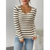 imageZeagoo Fall Sweaters for Women 2024 Casual Long Sleeve Shirts V Neck Pullover Puff Slim Fit TopsBeige Stripes