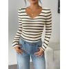 imageZeagoo Fall Sweaters for Women 2024 Casual Long Sleeve Shirts V Neck Pullover Puff Slim Fit TopsBeige Stripes