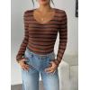 imageZeagoo Fall Sweaters for Women 2024 Casual Long Sleeve Shirts V Neck Pullover Puff Slim Fit TopsBrown Stripes