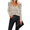 imageZeagoo Fall Sweaters for Women 2024 Casual Long Sleeve Shirts V Neck Pullover Puff Slim Fit TopsBeige Stripes