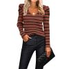 imageZeagoo Fall Sweaters for Women 2024 Casual Long Sleeve Shirts V Neck Pullover Puff Slim Fit TopsBrown Stripes