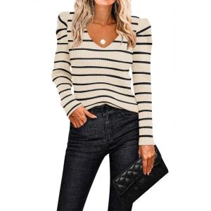 imageZeagoo Fall Sweaters for Women 2024 Casual Long Sleeve Shirts V Neck Pullover Puff Slim Fit TopsBeige Stripes