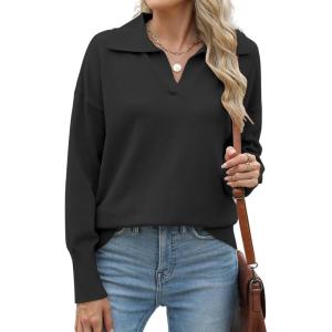 imageZeagoo Womens 2024 V Neck Striped Sweater Long Sleeve Oversized Fashion Knitted Pullover Fall Sweaters TopsBlack