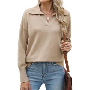 imageZeagoo Womens 2024 V Neck Striped Sweater Long Sleeve Oversized Fashion Knitted Pullover Fall Sweaters TopsKhaki