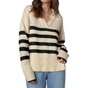 imageZeagoo Womens 2024 V Neck Striped Sweater Long Sleeve Oversized Fashion Knitted Pullover Fall Sweaters TopsStriped  Apricot