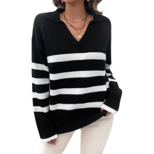 imageZeagoo Womens 2024 V Neck Striped Sweater Long Sleeve Oversized Fashion Knitted Pullover Fall Sweaters TopsStriped  Black