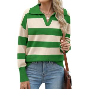 imageZeagoo Womens 2024 V Neck Striped Sweater Long Sleeve Oversized Fashion Knitted Pullover Fall Sweaters TopsStriped  Green