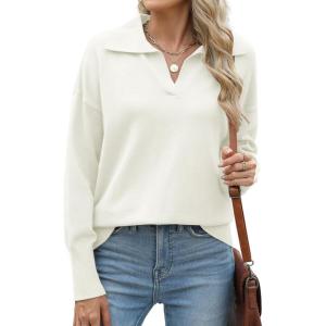 imageZeagoo Womens 2024 V Neck Striped Sweater Long Sleeve Oversized Fashion Knitted Pullover Fall Sweaters TopsWhite