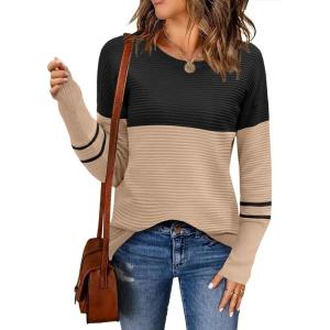 imageZeagoo Womens 2025 Fall Sweaters Casual Long Sleeve Crew Neck Ribbed Knit Side Slit Pullover SweaterColorblock Pat5