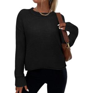 imageZeagoo Womens Crew Neck Cropped Sweater 2024 Fall Long Sleeve Chunky Knit Pullover Sweater TopsBlack