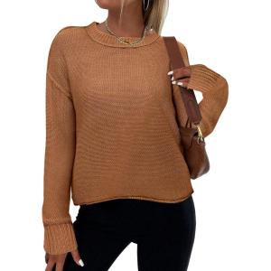 imageZeagoo Womens Crew Neck Cropped Sweater 2024 Fall Long Sleeve Chunky Knit Pullover Sweater TopsBrowm