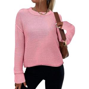 imageZeagoo Womens Crew Neck Cropped Sweater 2024 Fall Long Sleeve Chunky Knit Pullover Sweater TopsPink