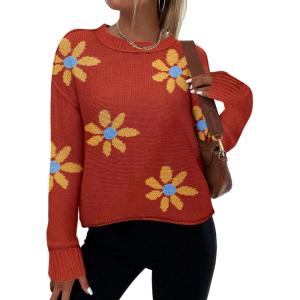 imageZeagoo Womens Crew Neck Cropped Sweater 2024 Fall Long Sleeve Chunky Knit Pullover Sweater TopsRedflower