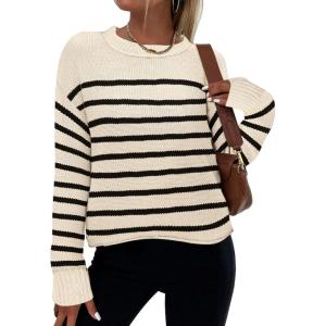 imageZeagoo Womens Crew Neck Cropped Sweater 2024 Fall Long Sleeve Chunky Knit Pullover Sweater TopsStriped Beige