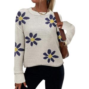 imageZeagoo Womens Crew Neck Cropped Sweater 2024 Fall Long Sleeve Chunky Knit Pullover Sweater TopsWhiteflower