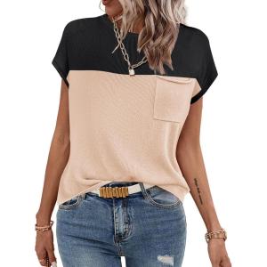 imageZeagoo Womens Sweater Vest Fall 2024 Loose Fit Cape Sleeve Knit Ribbed Tank Tops with Front Pocket SXXLColor Block