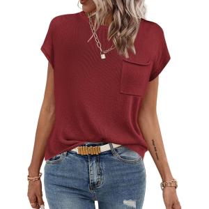 imageZeagoo Womens Sweater Vest Fall 2024 Loose Fit Cape Sleeve Knit Ribbed Tank Tops with Front Pocket SXXLDark Red