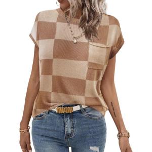 imageZeagoo Womens Sweater Vest Fall 2024 Loose Fit Cape Sleeve Knit Ribbed Tank Tops with Front Pocket SXXLPlaid