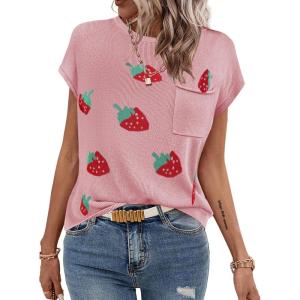 imageZeagoo Womens Sweater Vest Fall 2024 Loose Fit Cape Sleeve Knit Ribbed Tank Tops with Front Pocket SXXLStrawberry
