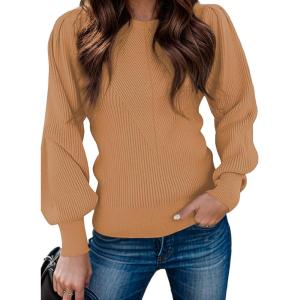 imageZeagoo Womens Sweaters Fall 2024 Fashion Trendy Long Sleeve Sweaters Ribbed Knit Winter Outfits Puff Pullover Jumper TopsA Khaki