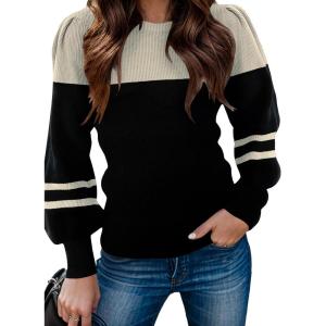 imageZeagoo Womens Sweaters Fall 2024 Fashion Trendy Long Sleeve Sweaters Ribbed Knit Winter Outfits Puff Pullover Jumper TopsB Apricot Black