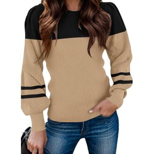 imageZeagoo Womens Sweaters Fall 2024 Fashion Trendy Long Sleeve Sweaters Ribbed Knit Winter Outfits Puff Pullover Jumper TopsB Black Khaki