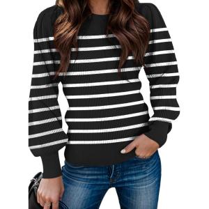 imageZeagoo Womens Sweaters Fall 2024 Fashion Trendy Long Sleeve Sweaters Ribbed Knit Winter Outfits Puff Pullover Jumper TopsB Black Stripe