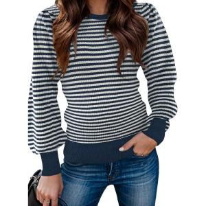 imageZeagoo Womens Sweaters Fall 2024 Fashion Trendy Long Sleeve Sweaters Ribbed Knit Winter Outfits Puff Pullover Jumper TopsB Blue Stripe