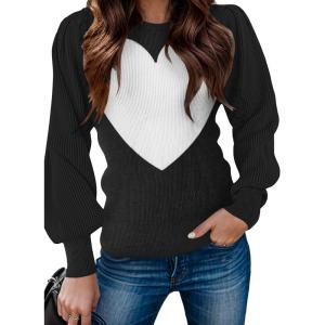 imageZeagoo Womens Sweaters Fall 2024 Fashion Trendy Long Sleeve Sweaters Ribbed Knit Winter Outfits Puff Pullover Jumper TopsC Black White Heart