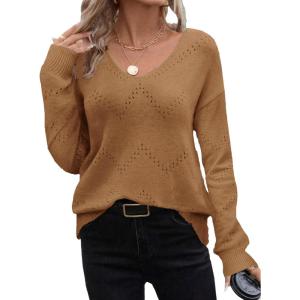 imageZeagoo Womens Sweaters Trendy Fashion Long Sleeve Sweaters Off Shoulder Crochet V Neck Knit Pullover Tops OutfitsBbrown