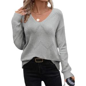 imageZeagoo Womens Sweaters Trendy Fashion Long Sleeve Sweaters Off Shoulder Crochet V Neck Knit Pullover Tops OutfitsBgray