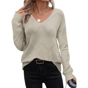 imageZeagoo Womens Sweaters Trendy Fashion Long Sleeve Sweaters Off Shoulder Crochet V Neck Knit Pullover Tops OutfitsBkhaki