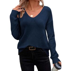 imageZeagoo Womens Sweaters Trendy Fashion Long Sleeve Sweaters Off Shoulder Crochet V Neck Knit Pullover Tops OutfitsBnavy Blue