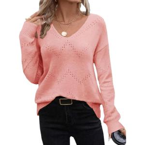 imageZeagoo Womens Sweaters Trendy Fashion Long Sleeve Sweaters Off Shoulder Crochet V Neck Knit Pullover Tops OutfitsBpink