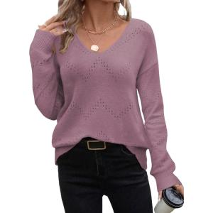 imageZeagoo Womens Sweaters Trendy Fashion Long Sleeve Sweaters Off Shoulder Crochet V Neck Knit Pullover Tops OutfitsBpurple