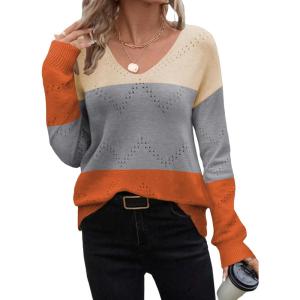 imageZeagoo Womens Sweaters Trendy Fashion Long Sleeve Sweaters Off Shoulder Crochet V Neck Knit Pullover Tops OutfitsCcolorblock Apricot