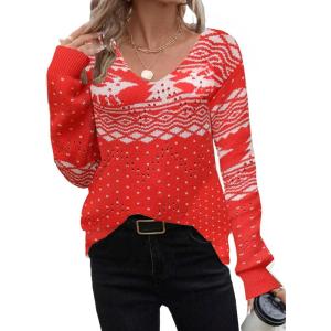 imageZeagoo Womens Sweaters Trendy Fashion Long Sleeve Sweaters Off Shoulder Crochet V Neck Knit Pullover Tops OutfitsFchristmas