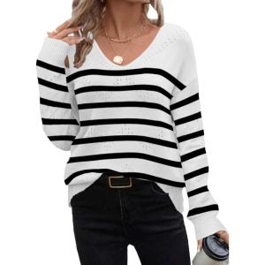 imageZeagoo Womens Sweaters Trendy Fashion Long Sleeve Sweaters Off Shoulder Crochet V Neck Knit Pullover Tops OutfitsWhite Stripe