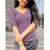 imageZeagoo Fall Sweaters for Women 2024 V Neck Short Sleeve Shirt Ribbed Knit Fit Pullover Sweater TopsPurple