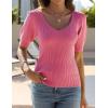 imageZeagoo Fall Sweaters for Women 2024 V Neck Short Sleeve Shirt Ribbed Knit Fit Pullover Sweater TopsRose Red
