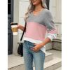 imageZeagoo Womens 2025 Fall Sweaters Casual Long Sleeve Ribbed Knit Pullover V Neck Lightweight Crochet Pullover Sweater TopColorblock 457