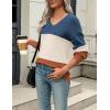 imageZeagoo Womens 2025 Fall Sweaters Casual Long Sleeve Ribbed Knit Pullover V Neck Lightweight Crochet Pullover Sweater TopColorblock 458