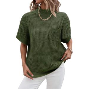imageWomen 2024 Sweater Vest Mock Neck Batwing Short Sleeve Oversized Ribbed Knit Tops Fall Pullover Sweater SXXLArmy Green