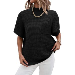 imageWomen 2024 Sweater Vest Mock Neck Batwing Short Sleeve Oversized Ribbed Knit Tops Fall Pullover Sweater SXXLBlack