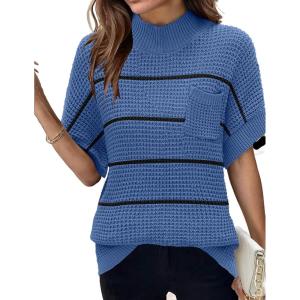 imageWomen 2024 Sweater Vest Mock Neck Batwing Short Sleeve Oversized Ribbed Knit Tops Fall Pullover Sweater SXXLBlack Blue Striped